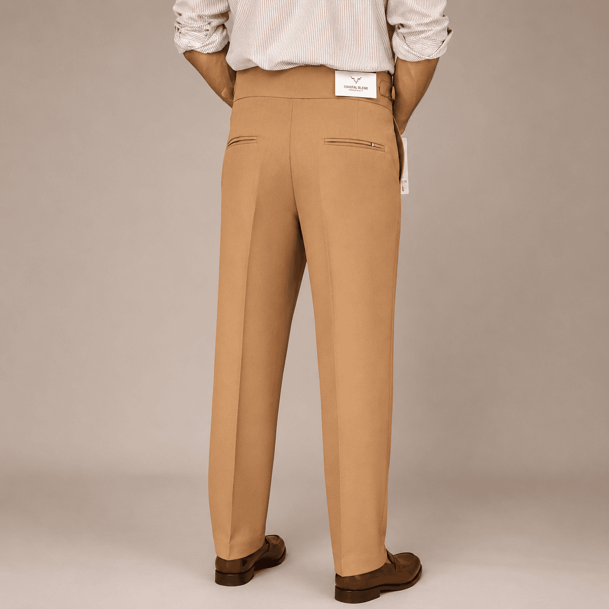Luxe Camel Tailored Trousers – Pleated Slim Fit with Side Adjusters