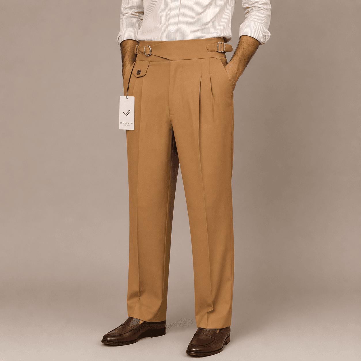 Luxe Camel Tailored Trousers – Pleated Slim Fit with Side Adjusters