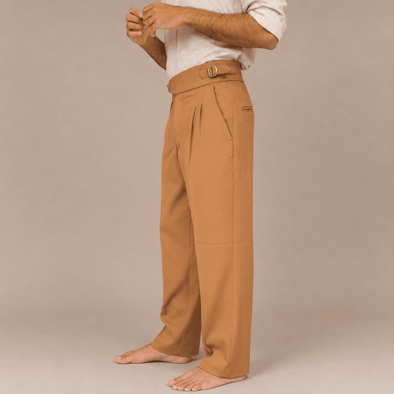 Luxe Camel Tailored Trousers – Pleated Slim Fit with Side Adjusters