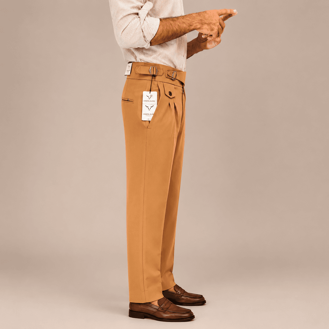Luxe Camel Tailored Trousers – Pleated Slim Fit with Side Adjusters
